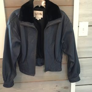 Blue leather jacket with faux fur collar